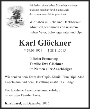 Traueranzeige von Karl Glöckner von Ostthüringer Zeitung