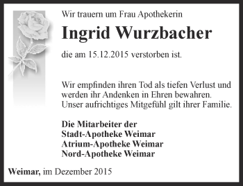 Traueranzeige von Ingrid Wurzbacher von Thüringer Allgemeine, Thüringische Landeszeitung