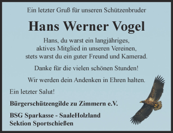 Traueranzeige von Hans Werner Vogel von Ostthüringer Zeitung, Thüringische Landeszeitung