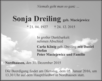 Traueranzeige von Sonja Dreiling von Thüringer Allgemeine