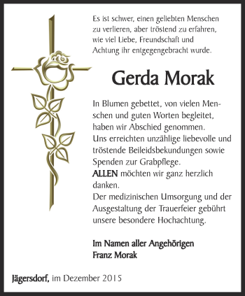 Traueranzeige von Gerda Moarak von Ostthüringer Zeitung, Thüringische Landeszeitung