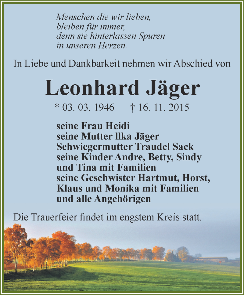  Traueranzeige für Leonhard Jäger vom 03.12.2015 aus Thüringer Allgemeine