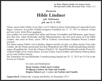 Traueranzeige von Hilde Lindner von Ostthüringer Zeitung
