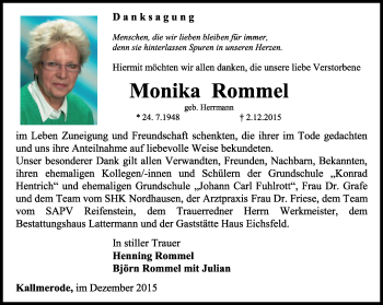 Traueranzeige von Monika Rommel von Thüringer Allgemeine