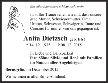 Traueranzeige von Anita Dietzsch von Ostthüringer Zeitung