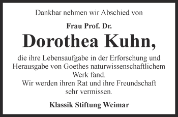Traueranzeige von Dorothea Kuhn von Thüringer Allgemeine, Thüringische Landeszeitung