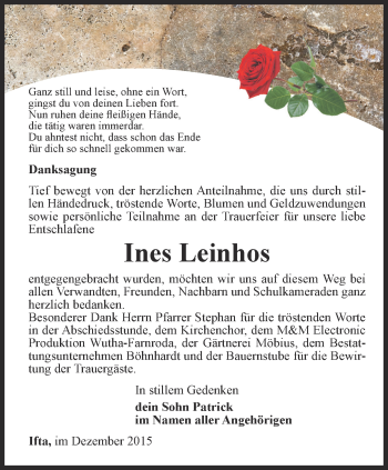 Traueranzeige von Ines Leinhos von Thüringer Allgemeine, Thüringische Landeszeitung