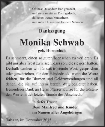 Traueranzeige von Monika Schwab von Ostthüringer Zeitung, Thüringische Landeszeitung