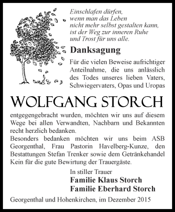 Traueranzeige von Wolfgang Storch von Ostthüringer Zeitung, Thüringische Landeszeitung