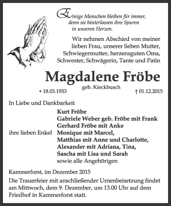 Traueranzeige von Magdalene Fröbe von Thüringer Allgemeine, Thüringische Landeszeitung