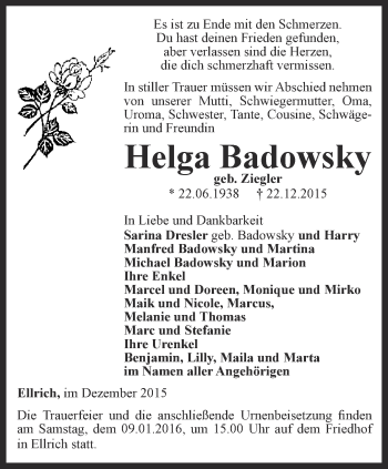 Traueranzeige von Helga Badowsky von Thüringer Allgemeine