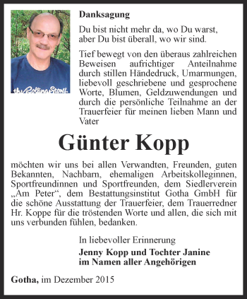 Traueranzeige von Günter Kopp von Ostthüringer Zeitung, Thüringische Landeszeitung