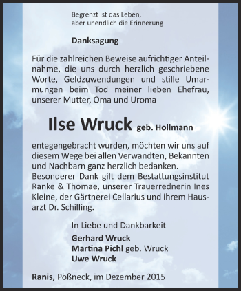 Traueranzeige von Ilse Wruck von Ostthüringer Zeitung