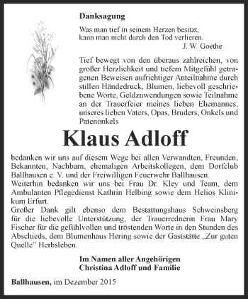 Traueranzeige von Klaus Adloff von Thüringer Allgemeine, Thüringische Landeszeitung