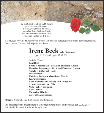 Traueranzeige von Irene Beck von Thüringer Allgemeine, Thüringische Landeszeitung