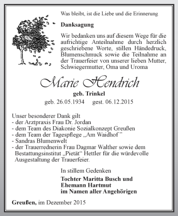 Traueranzeige von Marie Hendrich von Thüringer Allgemeine