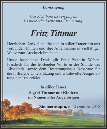 Traueranzeige von Fritz Tittmar von Thüringer Allgemeine, Thüringische Landeszeitung