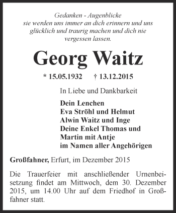 Traueranzeige von Georg Waitz von Thüringer Allgemeine, Thüringische Landeszeitung