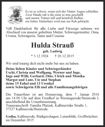 Traueranzeige von Hulda Strauß von Thüringer Allgemeine