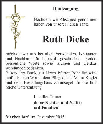 Traueranzeige von Ruth Dicke von Ostthüringer Zeitung