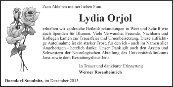 Traueranzeige von Lydia Orjol von Ostthüringer Zeitung, Thüringische Landeszeitung