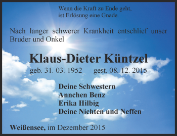 Traueranzeige von Klaus-Dieter Küntzel von Thüringer Allgemeine
