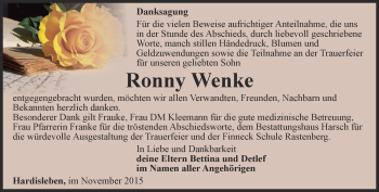 Traueranzeige von Ronny Wenke von Thüringer Allgemeine