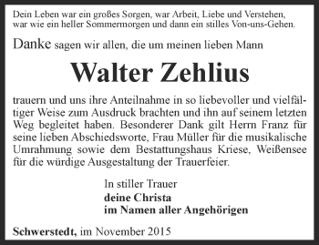 Traueranzeige von Walter Zehlius von Thüringer Allgemeine