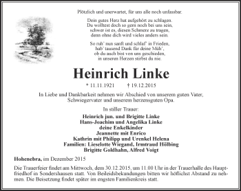 Traueranzeige von Heinrich Linke von Thüringer Allgemeine