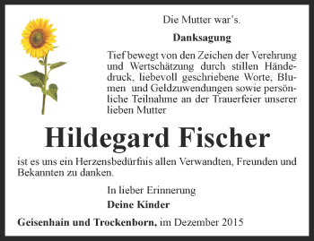 Traueranzeige von Hildegard Fischer von Ostthüringer Zeitung