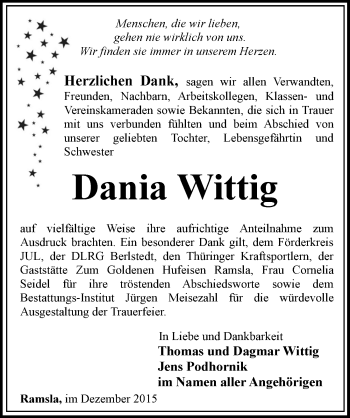 Traueranzeige von Dania Wittig von Thüringer Allgemeine, Thüringische Landeszeitung