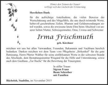 Traueranzeige von Irma Frischmuth von Thüringer Allgemeine
