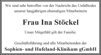 Traueranzeige von Ina Stöckel von Thüringer Allgemeine, Thüringische Landeszeitung