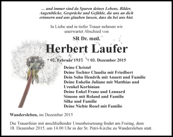 Traueranzeige von Herbert Laufer von Ostthüringer Zeitung, Thüringische Landeszeitung