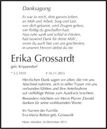 Traueranzeige von Erika Grossardt von Ostthüringer Zeitung, Thüringische Landeszeitung