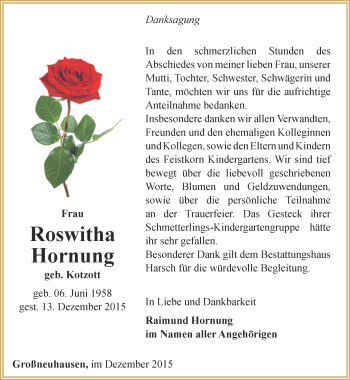 Traueranzeige von Roswitha Hornung von Thüringer Allgemeine