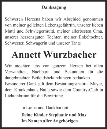 Traueranzeige von Annett Wurzbacher von Ostthüringer Zeitung