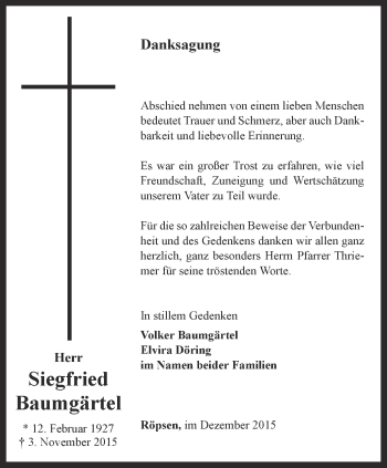 Traueranzeige von Siegfried Baumgärtel von Ostthüringer Zeitung