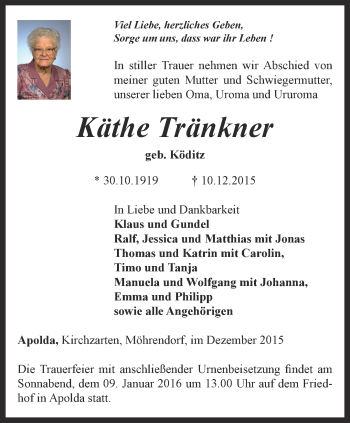 Traueranzeige von Käthe Tränkner von Thüringer Allgemeine, Thüringische Landeszeitung