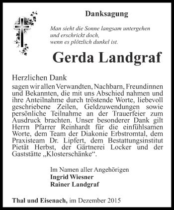 Traueranzeige von Gerda Landgraf von Thüringer Allgemeine, Thüringische Landeszeitung