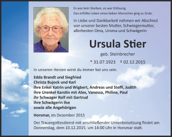 Traueranzeige von Ursula Stier von Thüringer Allgemeine, Thüringische Landeszeitung