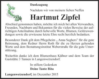 Traueranzeige von Hartmut Zipfel von Ostthüringer Zeitung