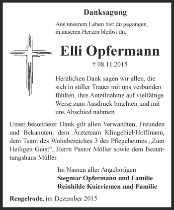 Traueranzeige von Elli Opfermann von Thüringer Allgemeine