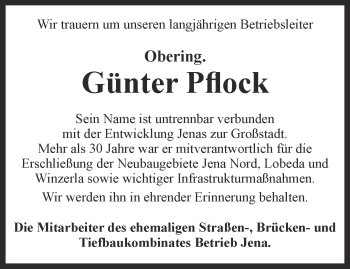 Traueranzeige von Günter Pflock von Ostthüringer Zeitung, Thüringische Landeszeitung