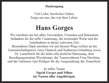 Traueranzeige von Hans Gorges von Thüringer Allgemeine