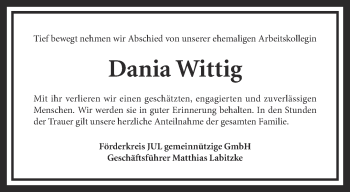 Traueranzeige von Dania Wittig von Thüringer Allgemeine, Thüringische Landeszeitung