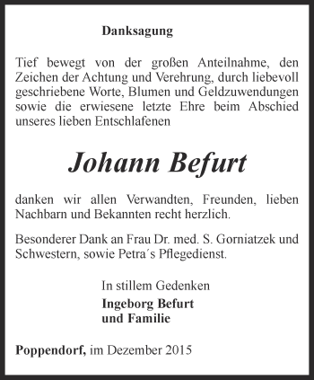 Traueranzeige von Johann Befurt von Ostthüringer Zeitung