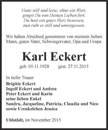 Traueranzeige von Karl Eckert von Ostthüringer Zeitung