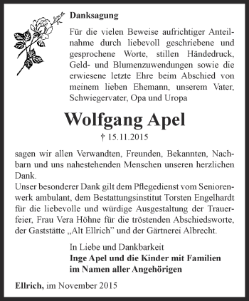 Traueranzeige von Wolfgang Apel von Thüringer Allgemeine
