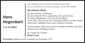 Traueranzeige von Hans Hegenbart von Ostthüringer Zeitung